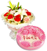 祝妈妈幸福快乐 - 康乃馨百合花束+8寸鲜奶蛋糕