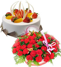 节日祝福 - 红色康乃馨花篮+8寸鲜奶蛋糕