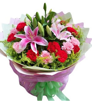 祝您幸福，妈妈 （已下架）-10枝红色康乃馨，9枝粉色康乃馨，两枝粉色多头百合