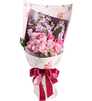 美丽心情 （已下架）-粉色紫罗兰5枝，粉佳人11枝玫瑰，苏醒玫瑰3枝