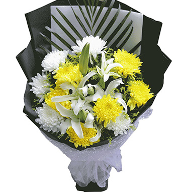 怀念（悼念花束）-黄色菊花6枝，白色菊花5枝，白百合2枝