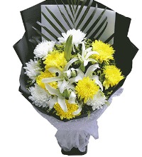 怀念（悼念花束） - 黄色菊花6枝，白色菊花5枝，白百合2枝