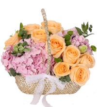 美丽康健 - 紫粉色绣球，香槟玫瑰